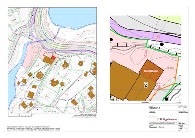 Situasjonsplan (Bæskart) som viser tomtens form, grenser, høydemålerlinjer, eksisterende bygninger og planlagt riving.