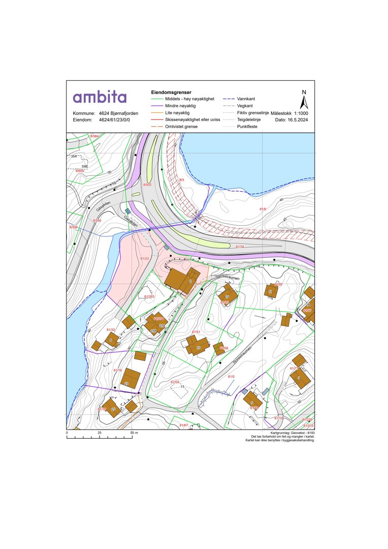 Situasjonsplan som viser eiendomsgrenser, eiendomsnummer, vegkant, og topografi for et område i Bjarnefjorden.