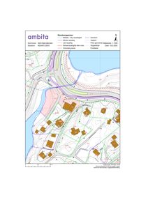 Situasjonsplan som viser eiendomsgrenser, eiendomsnummer, vegkant, og topografi for et område i Bjarnefjorden.
