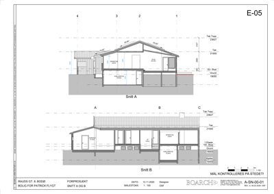 Tegning som viser tverrsnitt (Snitt A og Snitt B) av en bolig, inkludert høyder, romfordeling og konstruksjon.