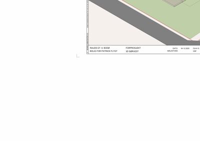 Etasjeplan eller situasjonsplan som viser tomtens form, bygningens plassering (grå farge) og en del av omgivelsene (grønn farge).