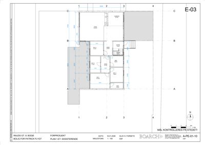 Etasjeplan (E-03) av en eksisterende bolig med romfordeling, mål og arealoppdelinger.