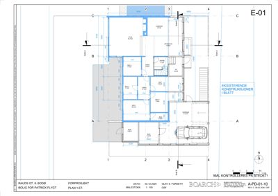 Etasjeplan (PLAN 1. ET.) for en bolig i Bodø, som viser romfordeling, mål og eksisterende konstruksjoner.