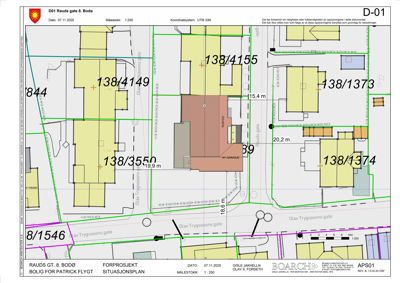Situasjonsplan som viser tomtedeling, eiendomsnummer (f.eks. 138/4155), nabotomter og gateløp for prosjektet på Rauds gate 8.