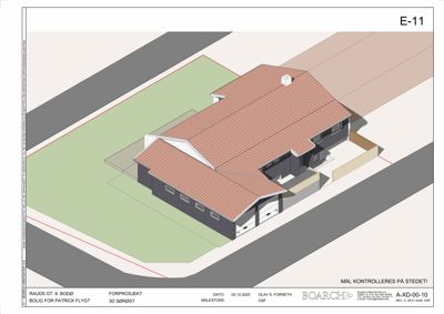 3D-visualisering (rendering) av en bolig sett fra sørøst, inkludert takform, fasade og beliggenhet på tomten.