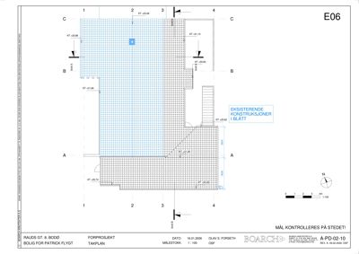 Fasadetegning (takplan) som viser takhøyder (KT), takform, takrenner og eksisterende konstruksjoner.