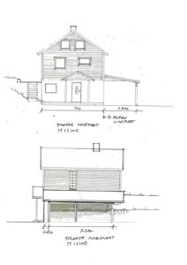 Tegning som viser fasadeopprikk (Nordøst og Nordvest) med mål og detaljer.
