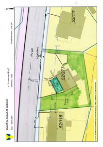 Situasjonsplan som viser eiendomsnummer (52/277), naboeiendommer, veg (FV 60), og en tegnet bygning med mål.