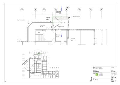 Etasjeplan (U. etasje) som viser romfordeling, mål og en planlagt tilbygg.