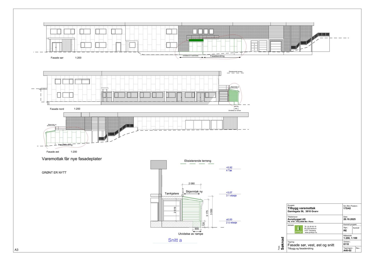 Bildet viser fasadetegninger (vest, øst og snitt) for et vareomtak, inkludert detaljer om nye fasadeplater og terrengforhold.