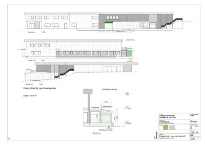 Bildet viser fasadetegninger (vest, øst og snitt) for et vareomtak, inkludert detaljer om nye fasadeplater og terrengforhold.