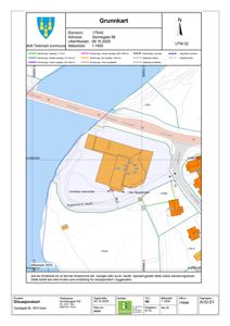 Situasjonskart som viser eiendomsgranser, naboeiendommer, veier og topografi for Gamlegata 56.