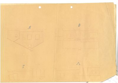 En tegning som viser fasadeopprikk (fra front og side) av en bygning.