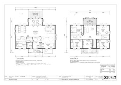 Etasjeplaner for et hus, med detaljer om romfordeling, dimensjoner og konstruksjoner for 1. og 2. etasje.