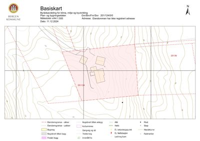 Basiskart (situasjonsplan) som viser eiendomsgrenser, høydekurver, eksisterende bygninger og infrastruktur.