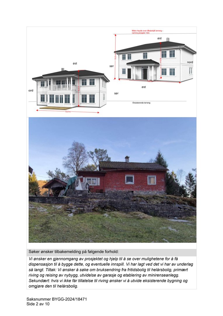 Fotografi av en eksisterende rød trehus med steinmur foran, sett fra et lavt vinkel. Bildet er en del av en byggesak og viser den eksisterende bebyggelsen.