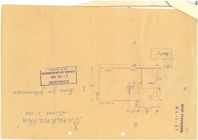 Etasjeplan (1. etasje) med romfordeling, mål og stempel fra Åsane Bygningsråd.