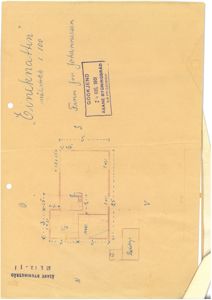 Etasjeplan (1. etasje) med romfordeling, mål og stempel fra Åsane Bygningsråd.