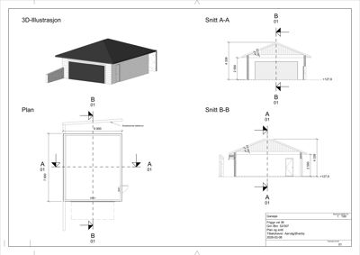 En tegningssamling som viser en 3D-illustrasjon, et etasjeplan (Plan) og to snittegninger (Snitt A-A og Snitt B-B) av en garasje.