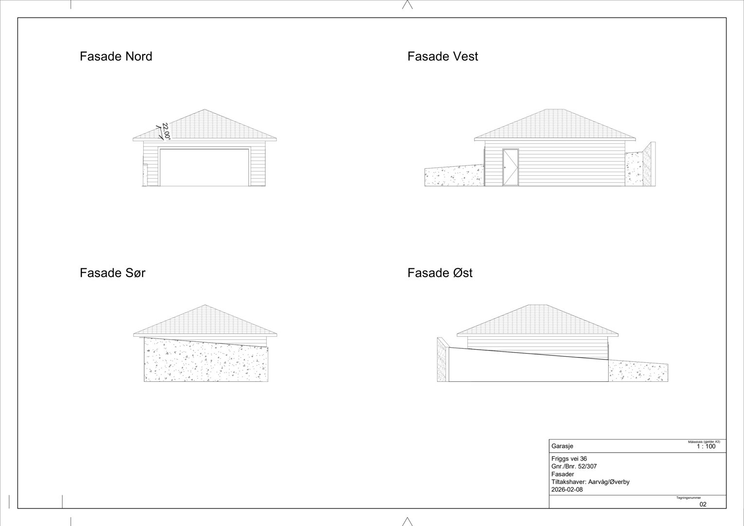 Fasadetegning som viser bygningens utseende fra alle fire sider (Nord, Vest, Sør, Øst).