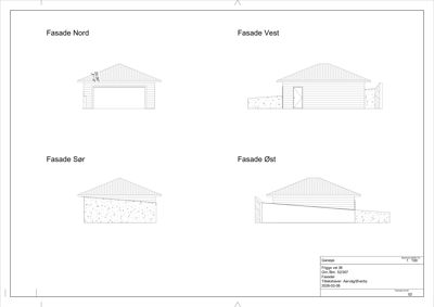 Fasadetegning som viser bygningens utseende fra alle fire sider (Nord, Vest, Sør, Øst).