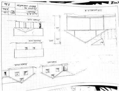 Fasadetegning med oppriss av bygning sett fra fire sider (vest, øst, nord, syd) og et snitt (A-A).