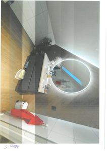 Fotografi av et innredet bad med speil, vask og gulv.