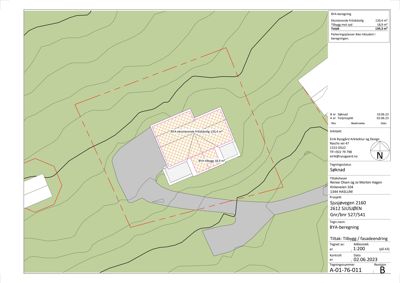 Situasjonsplan som viser bygningens plassering i forhold til terrenget (konturlinjer), eiendomsgrenser og eksisterende bebyggelse.