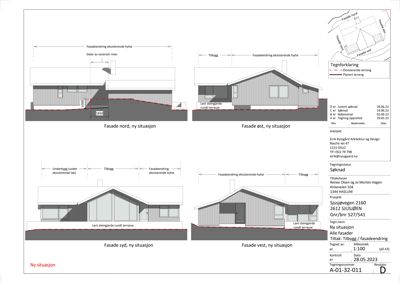Fasadetegning som viser oppriss av bygningen sett fra nord, øst, syd og vest med angitte mål og endringer.