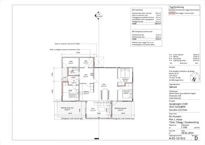 Etasjeplan (Plan 1. etasje) som viser romfordeling, mål og oppriss av en hytte med tilhørende markterrasser.
