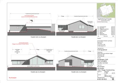 Fasadetegning som viser oppriss av bygningen sett fra nord, øst, syd og vest med angitte endringer.