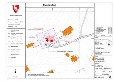 Situasjonsplan som viser eiendomsnummer, adresse, nabovarsler, endringsseksjon og bygningers plassering i forhold til vei og nabolag.