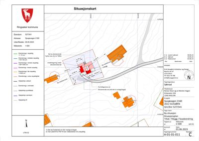 Situasjonskart som viser eiendomsforhold, naboeiendommer og bygningers plassering i forhold til hverandre.