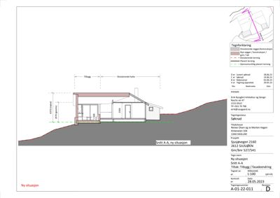 Snittegning (Snitt A-A) som viser bygningens tverrsnitt, høyder, terrengforhold og tilhørende tegnforklaring.