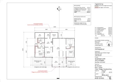 Etasjeplan (1. etasje) som viser romfordeling, mål og arealoppsett for en bolig.