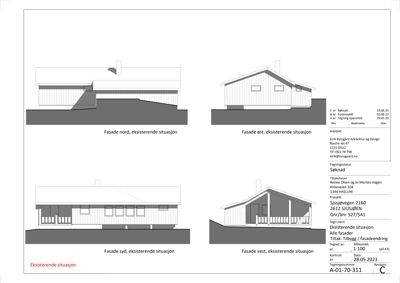 Fasadetegning som viser eksisterende situasjon for bygningen sett fra nord, øst, syd og vest.