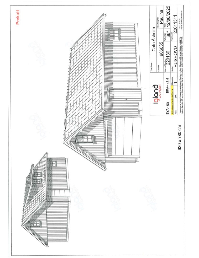 Fasadetegning (opprikk) av en hytte sett fra tre ulike vinkler.