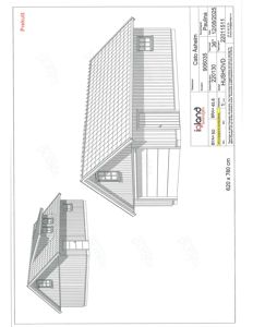 Fasadetegning (opprikk) av en hytte sett fra tre ulike vinkler.