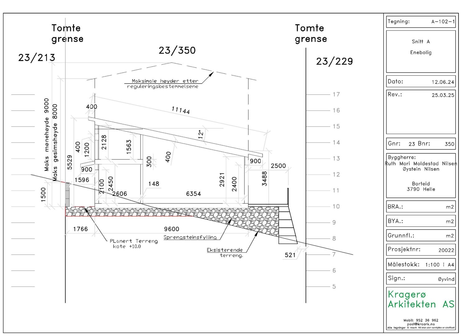 Situasjonsplan som viser tomtens grenser (23/213, 23/350, 23/229), terrengforhold, høydemål, og plassering av bygning i forhold til tomtegrenser.
