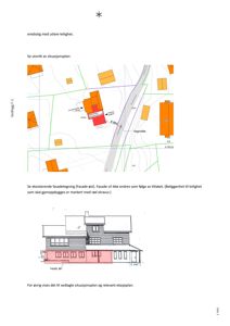 Bildet viser en tegning av en eksisterende fasade (Fasade øst) med en markert del som skal gjenoppbygges.