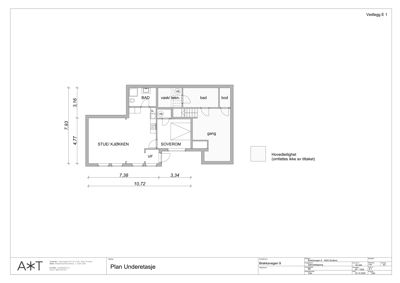 Plantegning av underetasjen i en bolig, som viser romfordeling (stue/kjøkken, soverom, bad, bod) og dimensjoner.