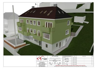 3D-visualisering av en grønn farget bolig med solceller på taket, sett fra en vinkel som viser fasade og deler av tomten.