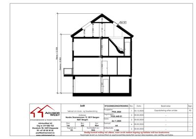 Snittegning av en bygning med oppgitt mål på høyder og romfordeling.