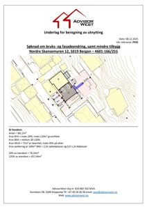 Situasjonsplan som viser eiendommen med omgivende tomter, topografi og en beregnet utnyttelse (tilbygg) markert med farge.
