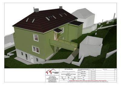 3D-visualisering av en grønn husmodell med omgivende terreng og nabohus.