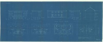 Fasadetegning med oppriss av bygning sett utenfra, samt snittegning og etasjeplaner.