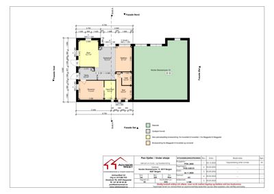 Etasjeplan for kjeller/underetasje med romfordeling, mål og fasadeorientering