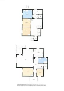 Bildet viser to etasjeplaner (E-1 og E-2) med romfordeling, romnavn (f.eks. stue, soverom, kjøkken) og fargekodet arealbruk.