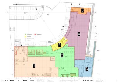 Etasjeplan som viser romfordeling, funksjoner og arealer i en bygning, med nummererte soner (1-6) og en nøkkel for fargekodet bruk.