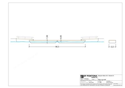 Snittegning som viser tverrsnittet av en båt (slippner) med mål på dybde og bredde.